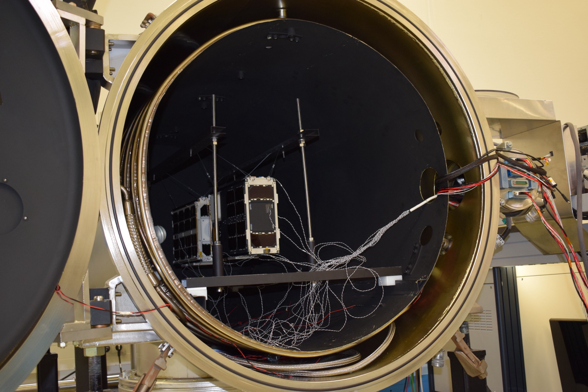 GOMX-4A and GOMX-4B inside ESA’s thermal-vacuum chamber during ground testing.